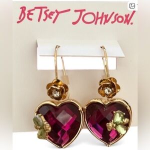 Betsey Johnson Gold and Purple Heart Earrings with Green Accents
